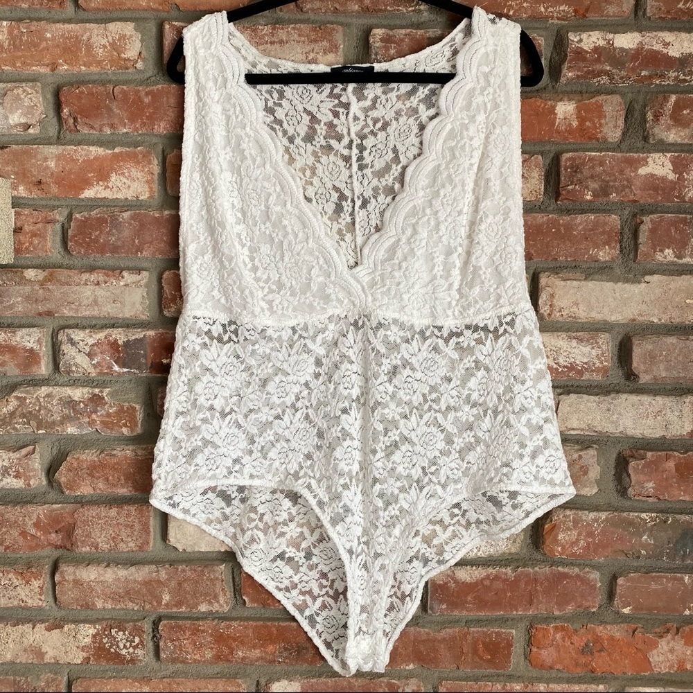 Ambiance Body Suit Floral Lace Sheer Button Closure Deep V-Neck Sleeveless